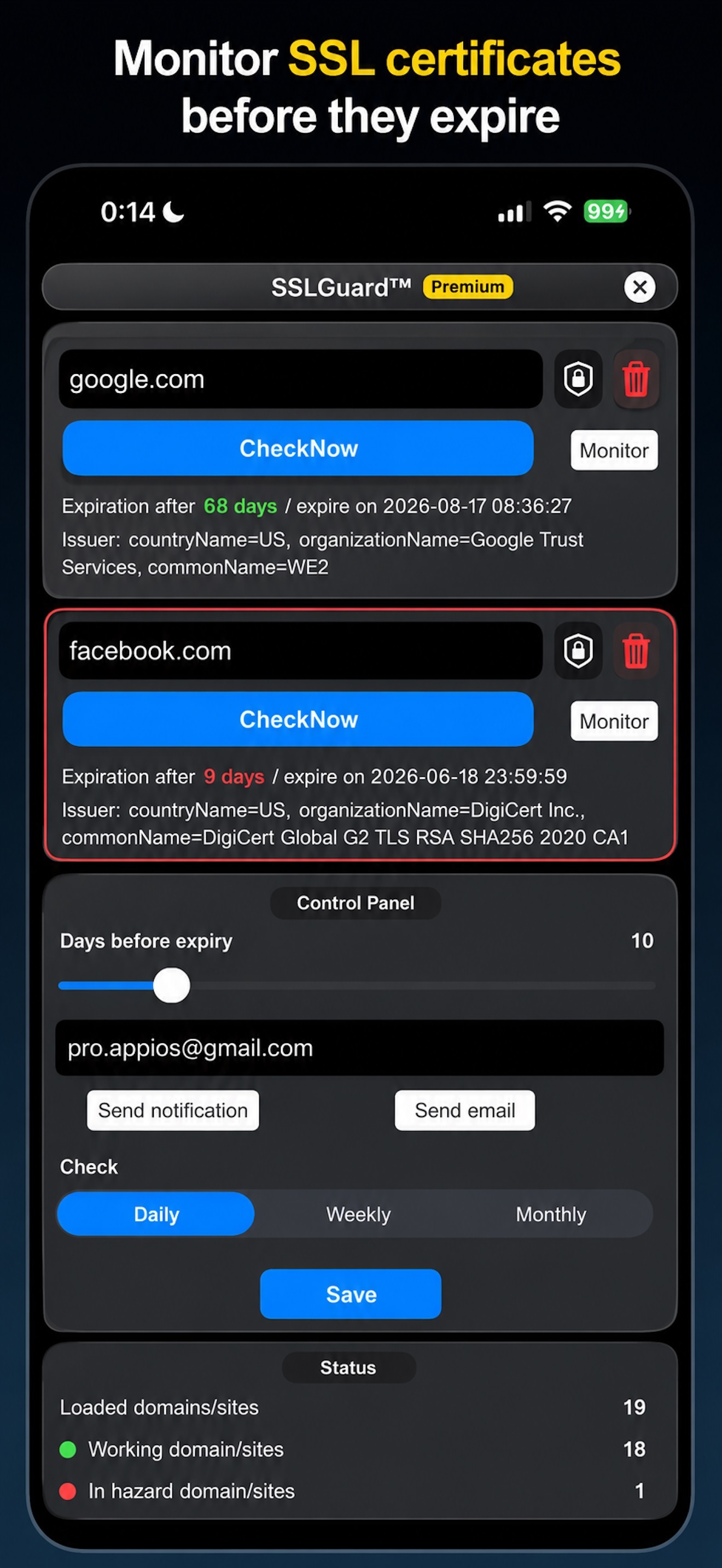 SSLGuard certificate monitoring